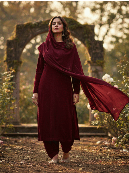 Maroon Velvet Plus Size Salwar Suit for Winter with Dupatta