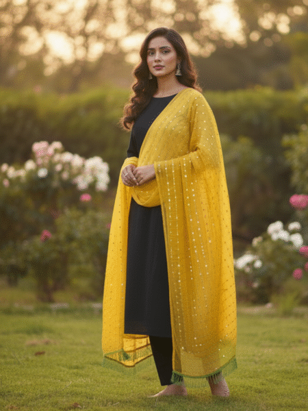 Black/White Plus Size Cotton Kurta Salwar Suit for Women with Chiffon Dupatta