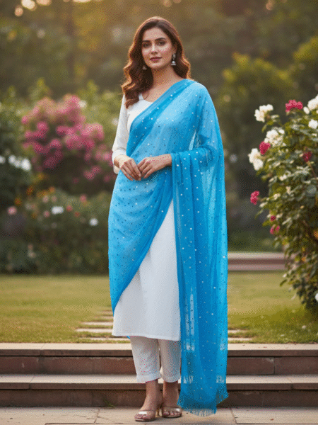 Black/White Plus Size Cotton Kurta Salwar Suit for Women with Chiffon Dupatta