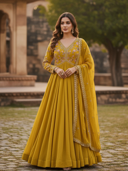 Beautiful Mustard Georgette Zari & Thread Embroidery Anarkali