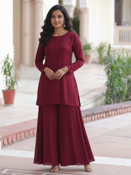Pink Velvet Short Kurta & Palazzo Set