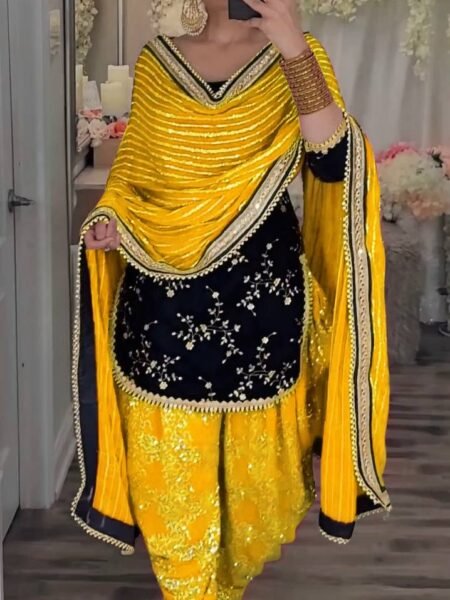 Harsika Yellow Velvet Embroidered Sequence Work Dhoti Suit