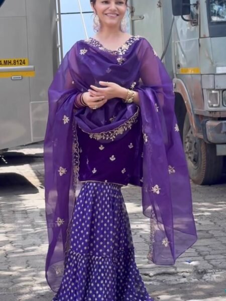 Ravleen Purple Velvet Multi-Needle Worked Embroidered Sharara Dress