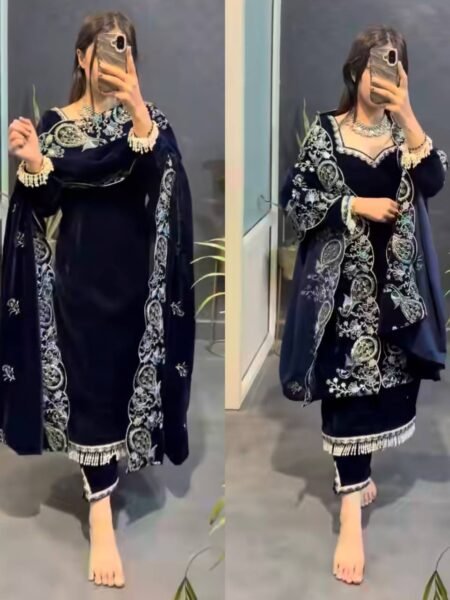 Sarabjeet Royal Blue Velvet Heavy Sequence Embroidery Suit set