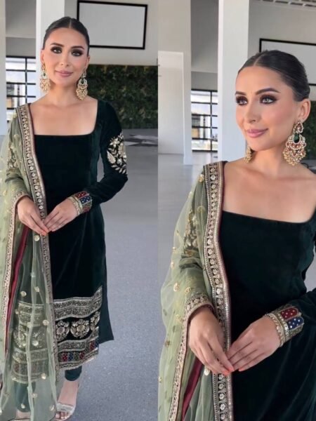 Bottle Green Heavy Velvet Embroidered Partywear Set