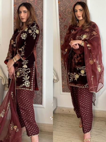 Kanisha Brown Velvet Classic Sequence Embroidery Kurti Set