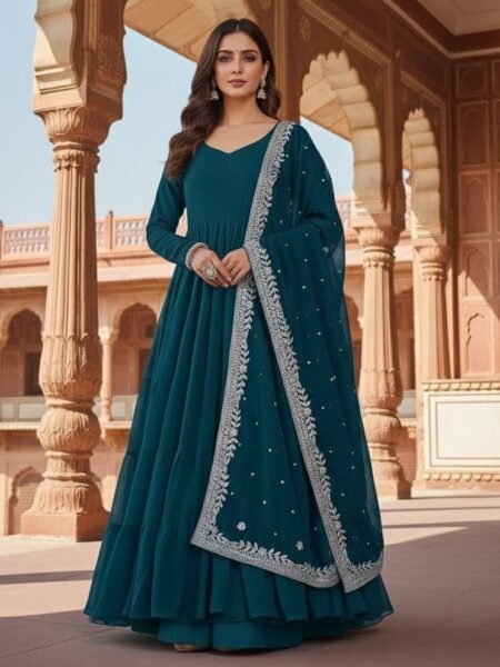 Elegant Bottle Green Flared Anarkali Suit Set