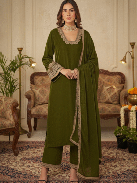 Mehendi Green Velvet Gotta Lace Work Pakistani Style Ready to Wear 3 Pc Suit for Winters
