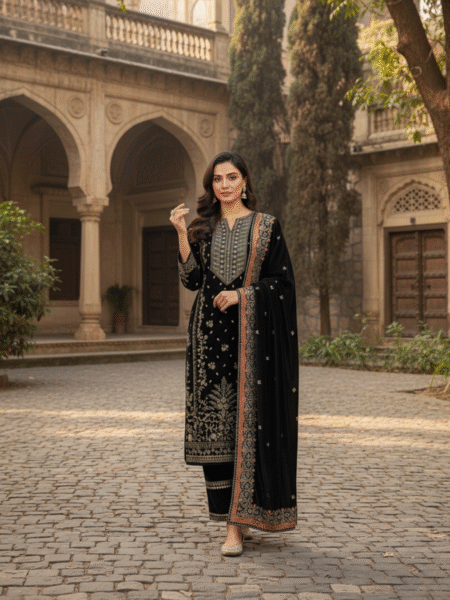 Premium Velvet Kurti Palazzo Set for Eid with Beautiful Zari Embroidery Work