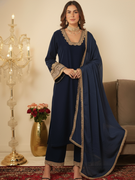 Navy Blue Velvet Gotta Lace Work Pakistani Style Ready to Wear 3 Pc Suit for Winters