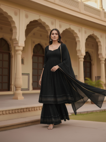 Ethnic Black Chikankari Anarkali & Sharara Set with Dupatta for Weddings