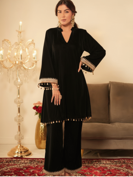 Ethnic Black Designer 2 Pc Velvet Suit with Beautiful Gotta Lace Work for Parties