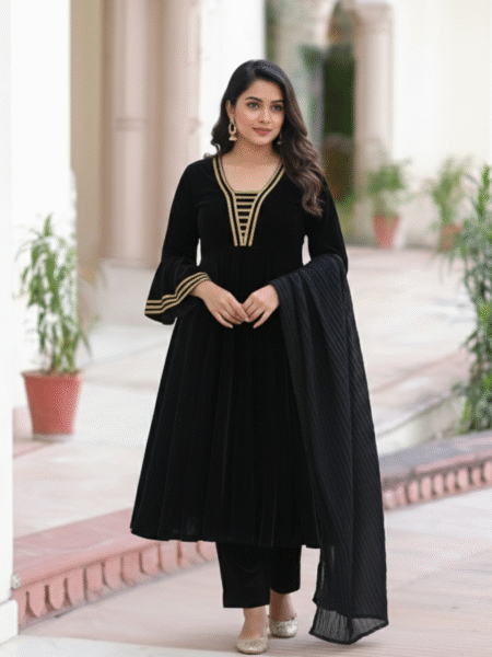 Elegant Ready to Wear 3 Pc Black Velvet Anarkali with Gotta Lace Work