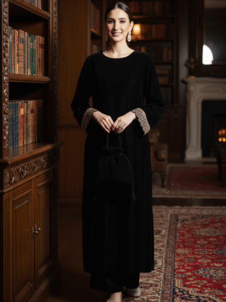 Ethnic Black Designer Straight Fit Suit for Eid with Potli Bag