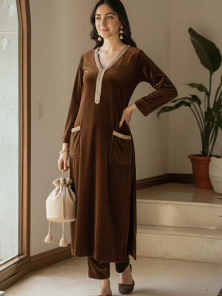 Elegant Brown Velvet Straight Fit with Beautiful Gotta Lace Work for Parties