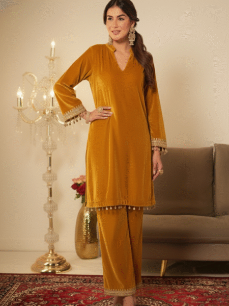 Ethnic Golden Designer 2 Pc Velvet Suit with Beautiful Gotta Lace Work for Parties