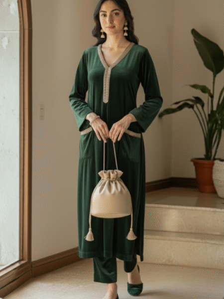 Elegant Green Velvet Straight Fit with Beautiful Gotta Lace Work for Parties