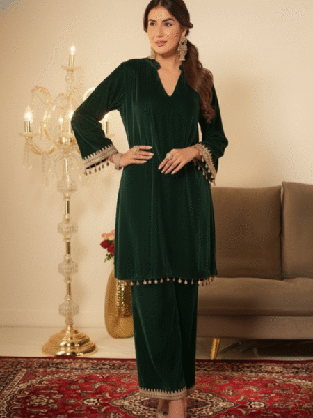Ethnic Bottle Green Designer 2 Pc Velvet Suit with Beautiful Gotta Lace Work for Parties