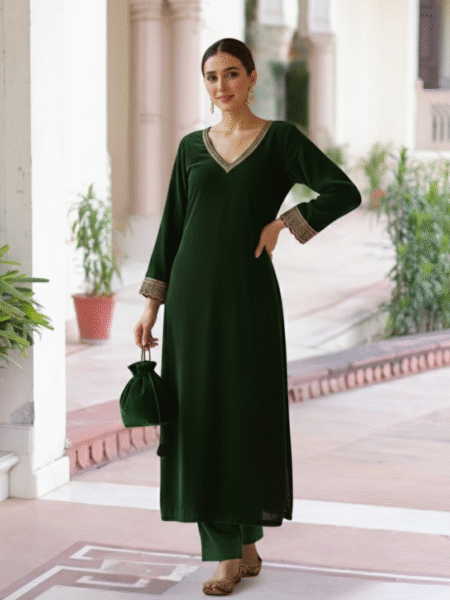 Emerald Green Velvet Pakistani Attire with Gotta Lace Work & Potli Bag