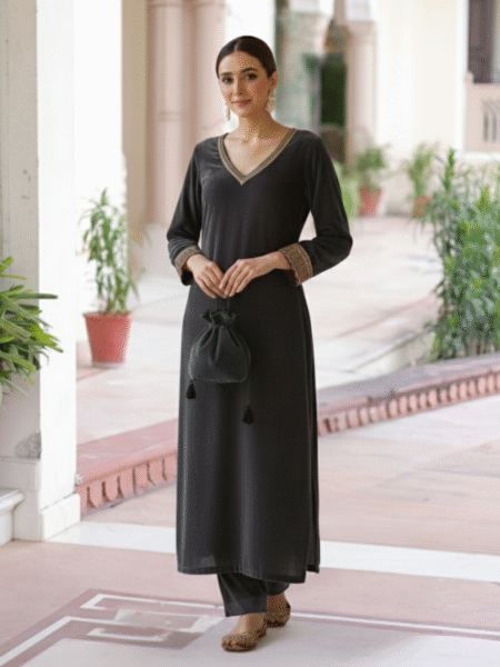 Grey Velvet Straight-Cut Suit with Subtle Gotta Lace Work & Potli Bag
