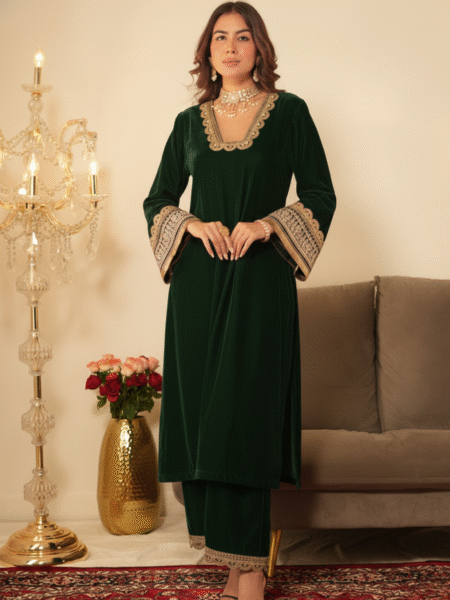 Bottle Green Velvet Gotta Lace Work Pakistani Style Ready to Wear 3 Pc Suit for Winters