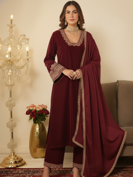 Maroon Velvet Gotta Lace Work Pakistani Style Ready to Wear 3 Pc Suit for Winters