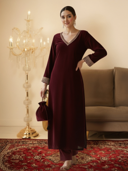 Maroon Velvet Festive Pakistani Suit with Gotta Lace Work & Potli Bag