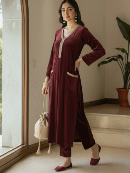 Elegant Maroon Velvet Straight Fit with Beautiful Gotta Lace Work for Parties