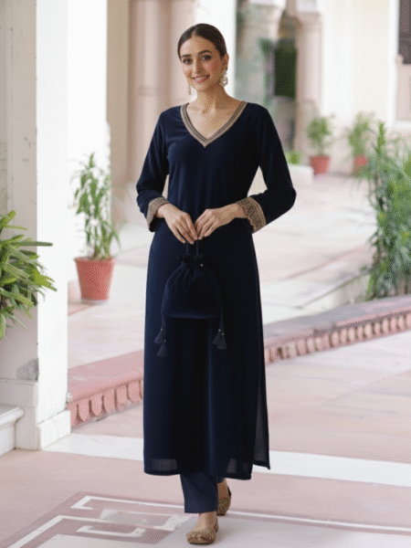 Navy Blue Velvet Straight Kurta Set with Elegant Gotta & Potli Bag
