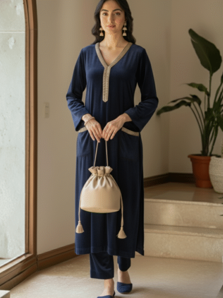 Elegant Navy Blue Velvet Straight Fit with Beautiful Gotta Lace Work for Parties