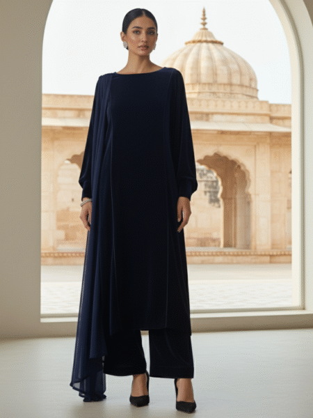 Navy Blue Velvet Long Straight Kurta Suit for Winter with Dupatta