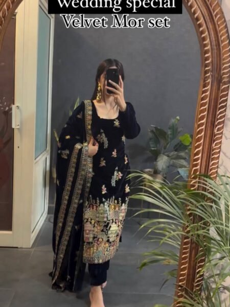 Premium Viscose Velvet Embroidered Suit Set with Matching Dupatta