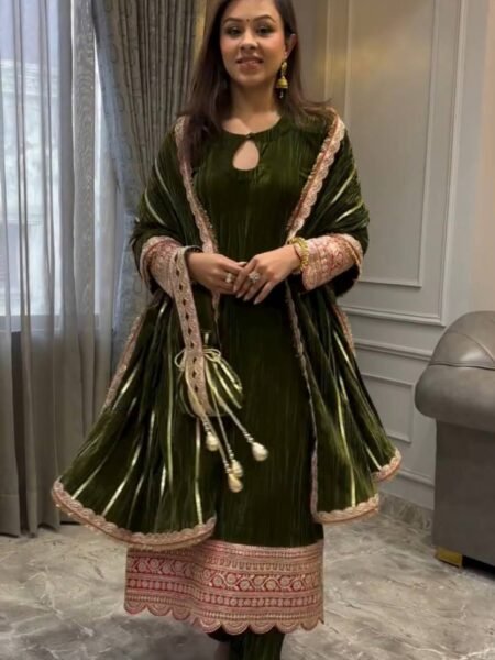 Ethnic Velvet Embroidered Suit Set with Dupatta for Festive Wear