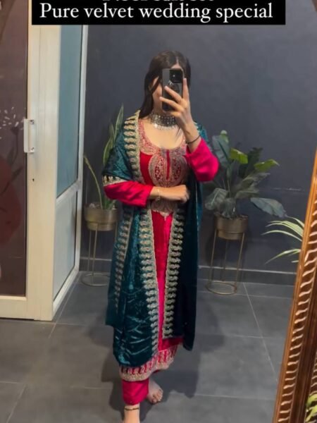Beautiful Heavy Velvet Embroidered Suit Set with Border Cutwork Dupatta