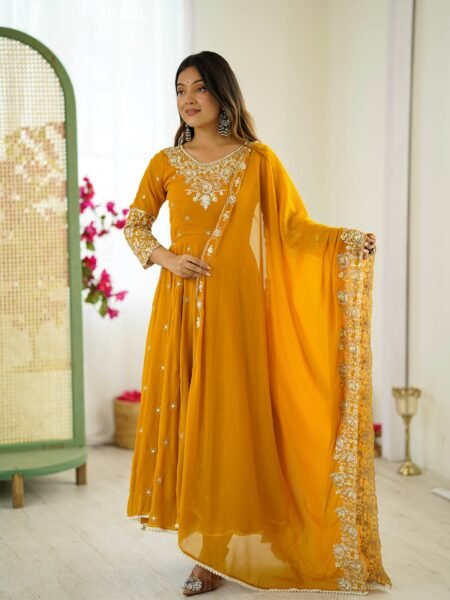 Elegant Yellow Faux Sequin & Moti Work Anarkali Suit