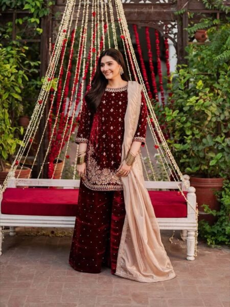 Naazish Designer Maroon Viscose Velvet Embroidered Suit Set