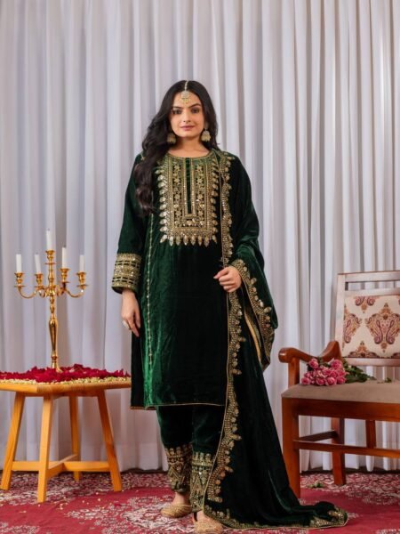 Rivaaz Collection: Ethnic Bottle Green Embroidery Viscose Velvet Suit Set