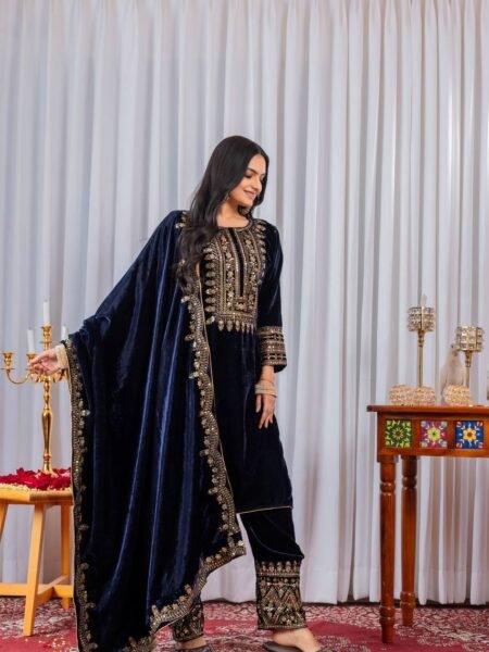 Rivaaz Collection: Ethnic Navy Blue Embroidery Viscose Velvet Suit Set
