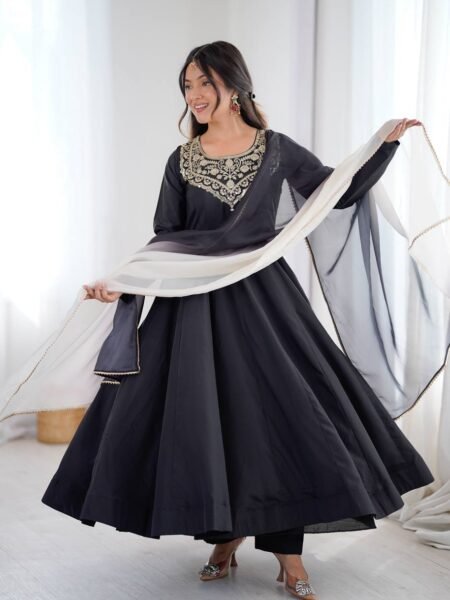 Beautiful Black French Crape Embroidered Anarkali Suit with Bottom & Dupatta