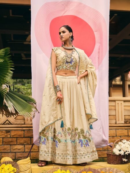Festive Shimmer Cream Lehenga Choli set with Latkans & Heavy Embroidery