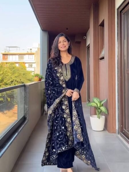 Ethnic Navy Blue 3 Pc Velvet Suit with Sequins Embroidery Work for Winters