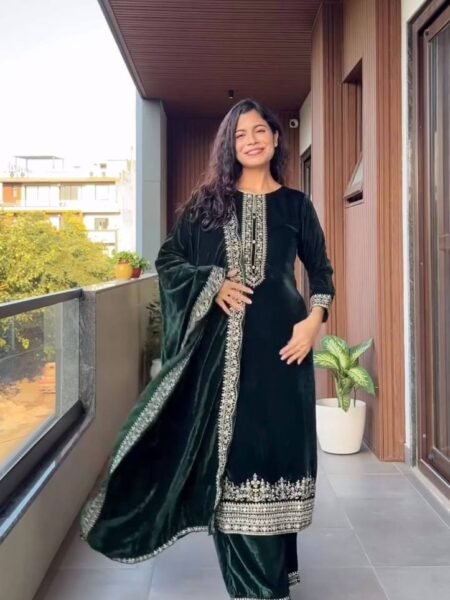 Ethnic Bottle Green 3 Pc Velvet Suit with Sequins Embroidery Work for Winters