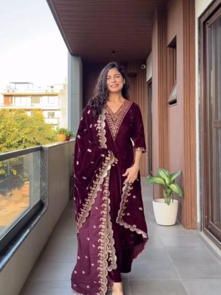 Ethnic Wine 3 Pc Velvet Suit with Sequins Embroidery Work for Winters