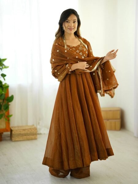 Ethnic Brown Crunchy Silk Kurta Palazzo Set with Embroidered Dupatta