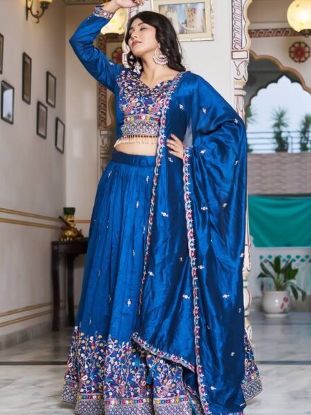 Gorgeous Blue Heavy Embroidery Vichitra Silk Lehenga Choli Set