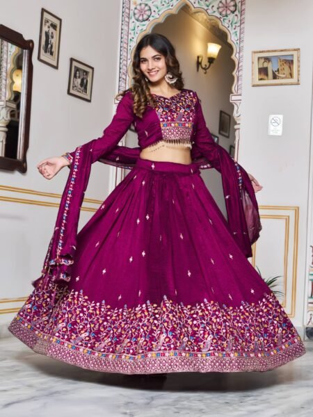 Gorgeous Purple Heavy Embroidery Vichitra Silk Lehenga Choli Set