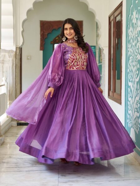Designer Fendy Silk Puffed Sleeves Embroidered Gown & Dupatta- Purple
