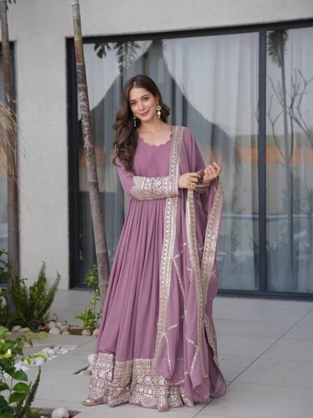 Beautiful Lilac Georgette Coding & Sequins Embroidery Gown with Dupatta