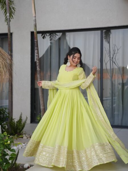 Beautiful Neon Georgette Coding & Sequins Embroidery Gown with Dupatta