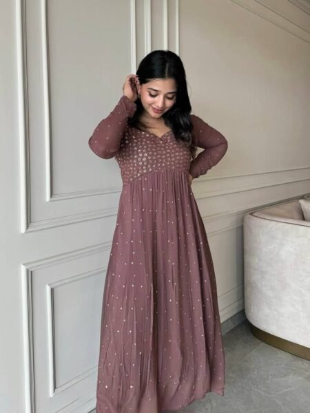 Elegant Brown Georgette Embroidery Anarkali with Pant & Dupatta